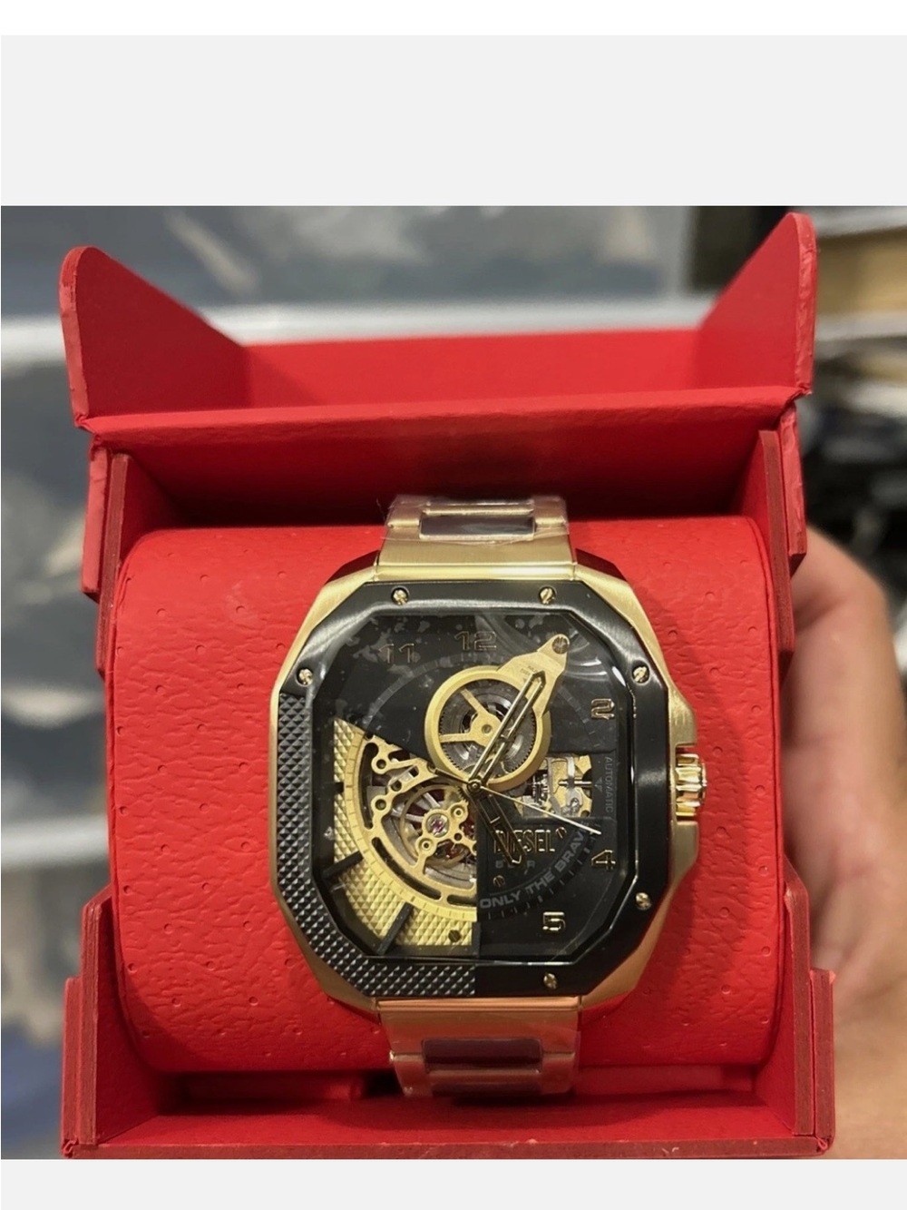 Diesel Mens Flayed Automatic Gold & Black Stainless Watch DZ7471 NIB NWT